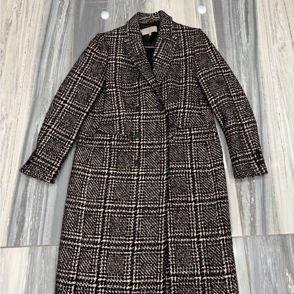 Black and White Wool Blend Pea Coat with Plaid Design